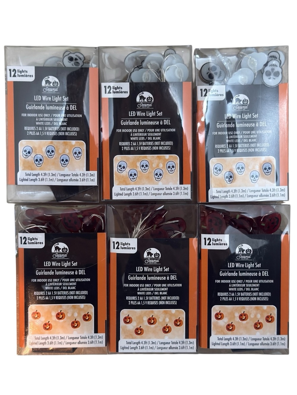6 Pack Halloween 12 CT White Skulls & Orange Pumpkins Decorative String Lights